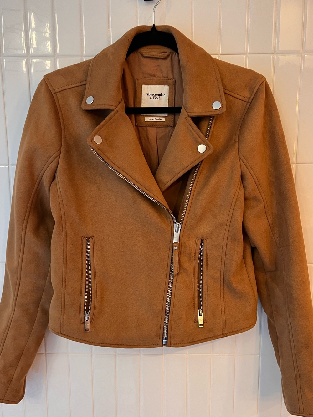 Abercrombie & Fitch Moto Jacket Vegan Leather Camel Tan Brown Medium Suede Look